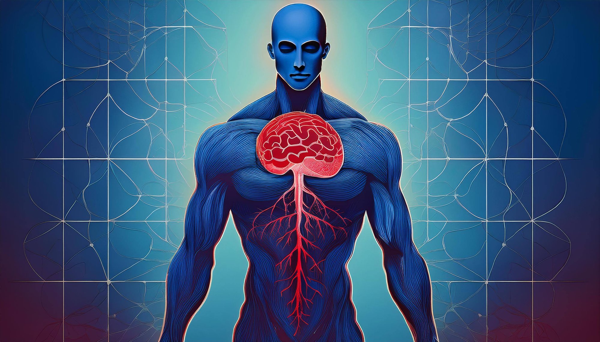 Firefly digital drawing of a blue human body with the brain highlighted in a dark red 54478